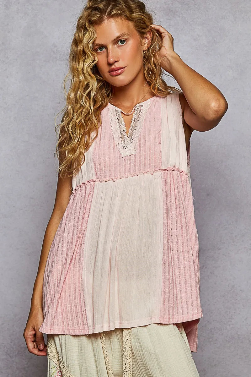 POL Lace Trim Two-Tone Tank with Pintuck Detail - Ladyez