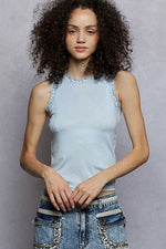 POL Round Neck Cropped Tank with Lace Trim