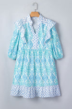 Floral Geometric Patchwork Ruffle Detail Puff Sleeve Mini Dress