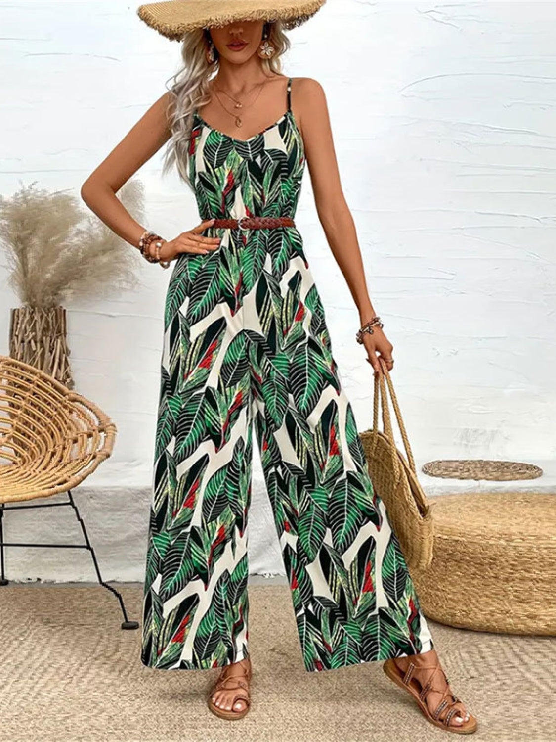 Tropical Print Spaghetti Strap Wide Leg Jumpsuit - Ladyez