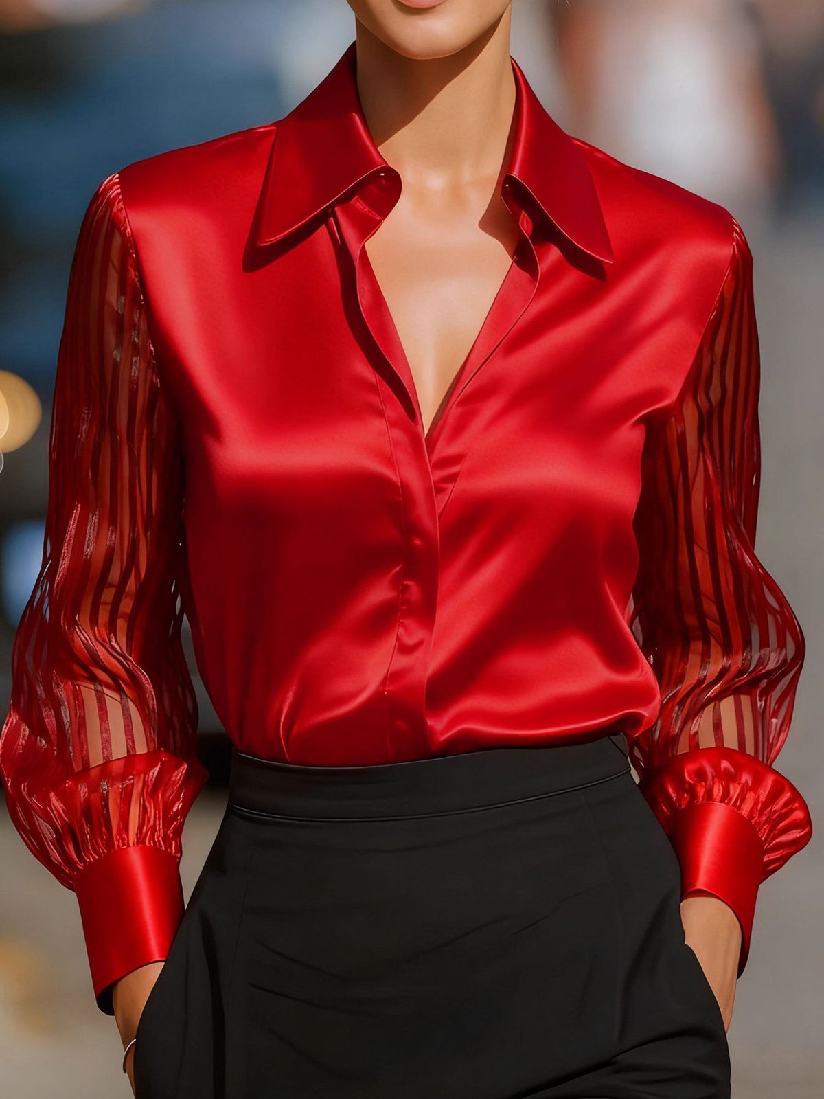Collared Neck Sheer Sleeve Shirt