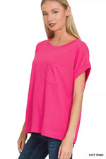 Zenana Cuffed Front Pocket Short Sleeve Tee