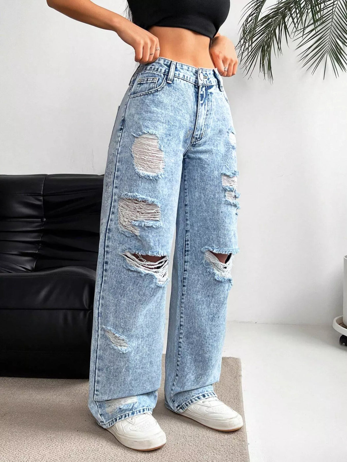 Distressed Wide-Leg Jeans