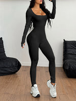 Square Neck Long Sleeve Active Jumpsuit - Ladyez