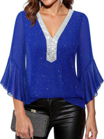 Sequin V-Neck Flounce Sleeve Blouse