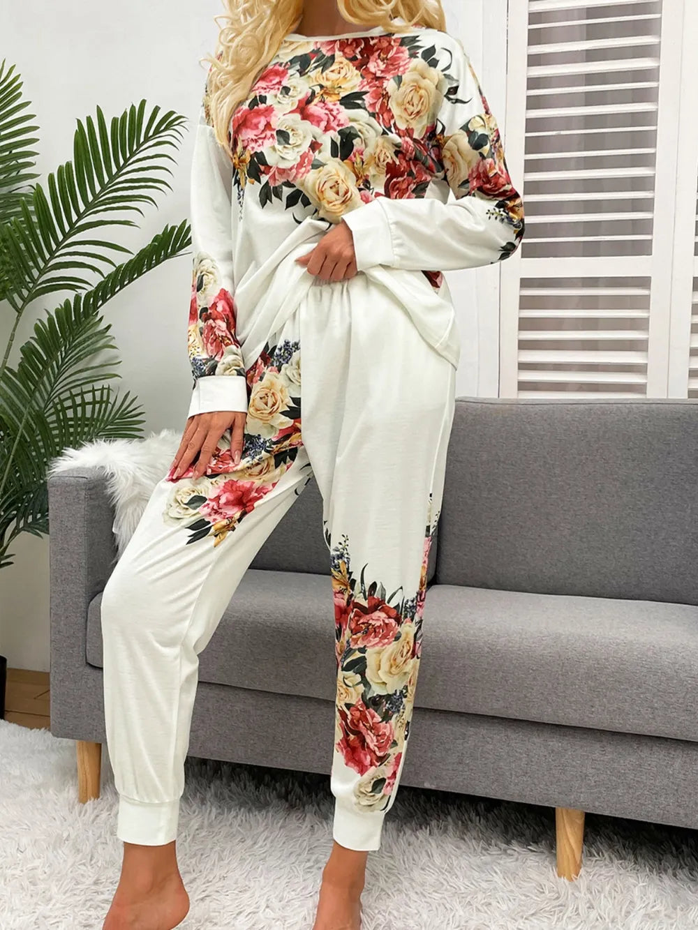 Shiny Printed Round Neck Top and Pants Lounge Set - Ladyez