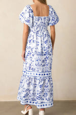 Smocked Printed Square Neck Puff Sleeve Dress