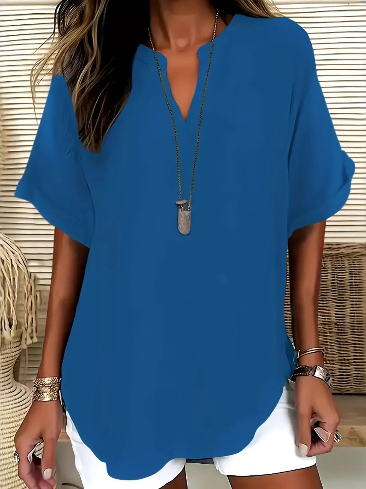 Casual Notched Short Sleeve Blouse - Ladyez