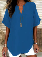 Casual Notched Short Sleeve Blouse - Ladyez