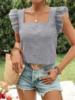 Gingham Ruffle Sleeve Square Neck Blouse
