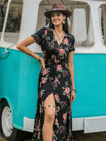 Split Printed V-Neck Short Sleeve Dress - Ladyez
