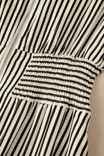 Stripe V Neck Zip Front Cinched High Waist Midi Dress