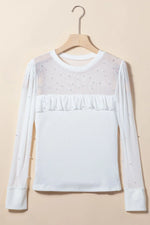 Pearl Decor Mesh Patchwork Ribbed Long Sleeve Top