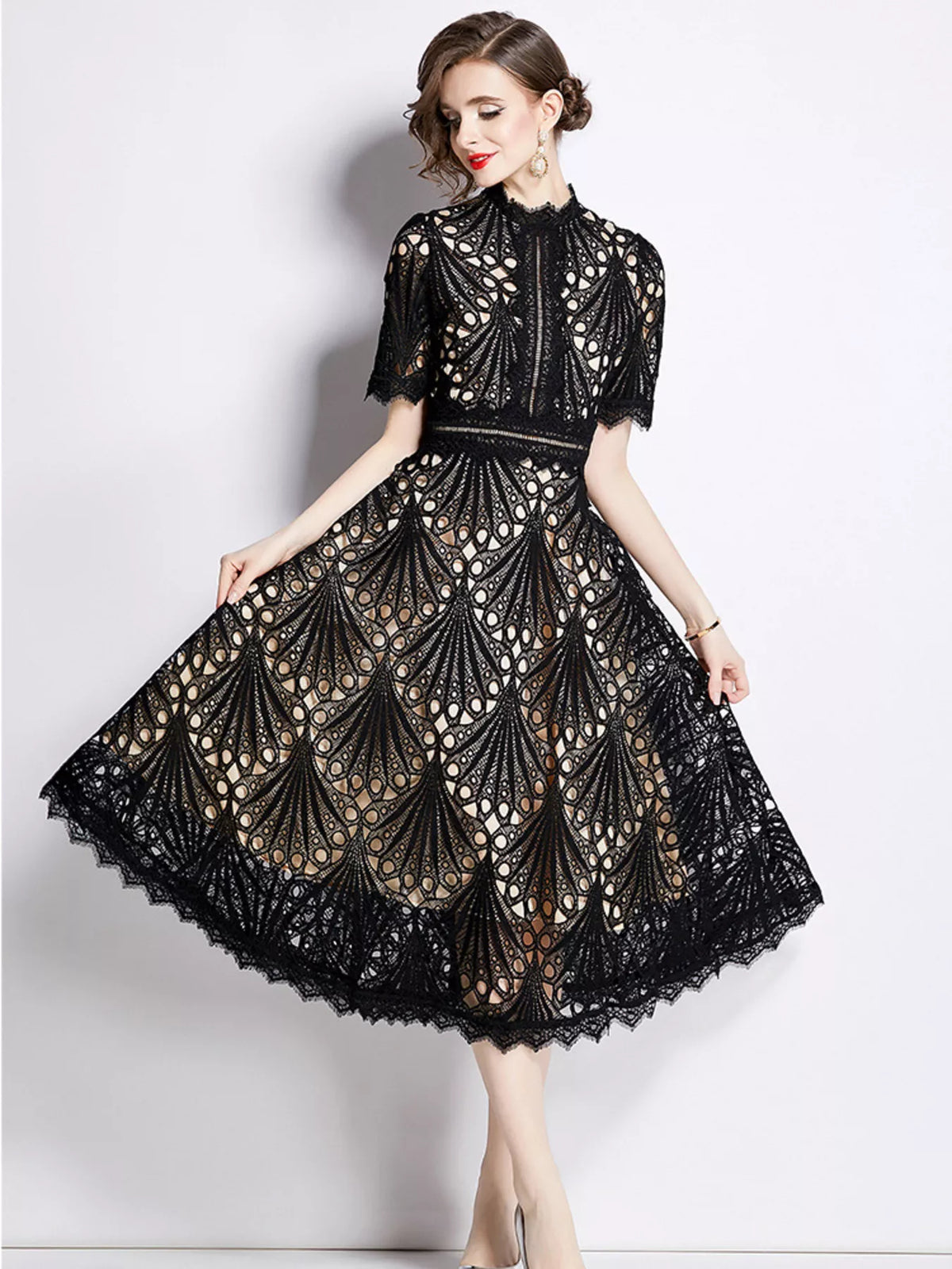 Full Size Lace Short Sleeve Midi Dress Plus Size