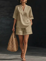 Notched Half Sleeve Top and Shorts Set