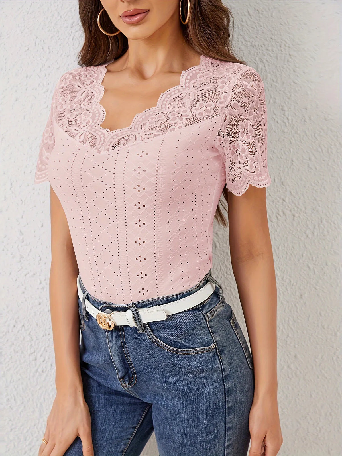 Lace Trim Eyelet Embroidered Summer T-Shirt - Ladyez