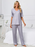 Printed V-Neck Top and Pants Lounge Set - Ladyez