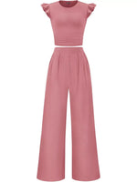 Ruffled Mock Neck Top and Wide Leg Pants Set