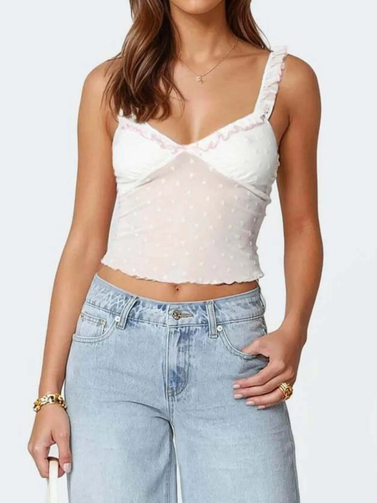 Ruffle Trim Swiss Dot Cami Top - Ladyez