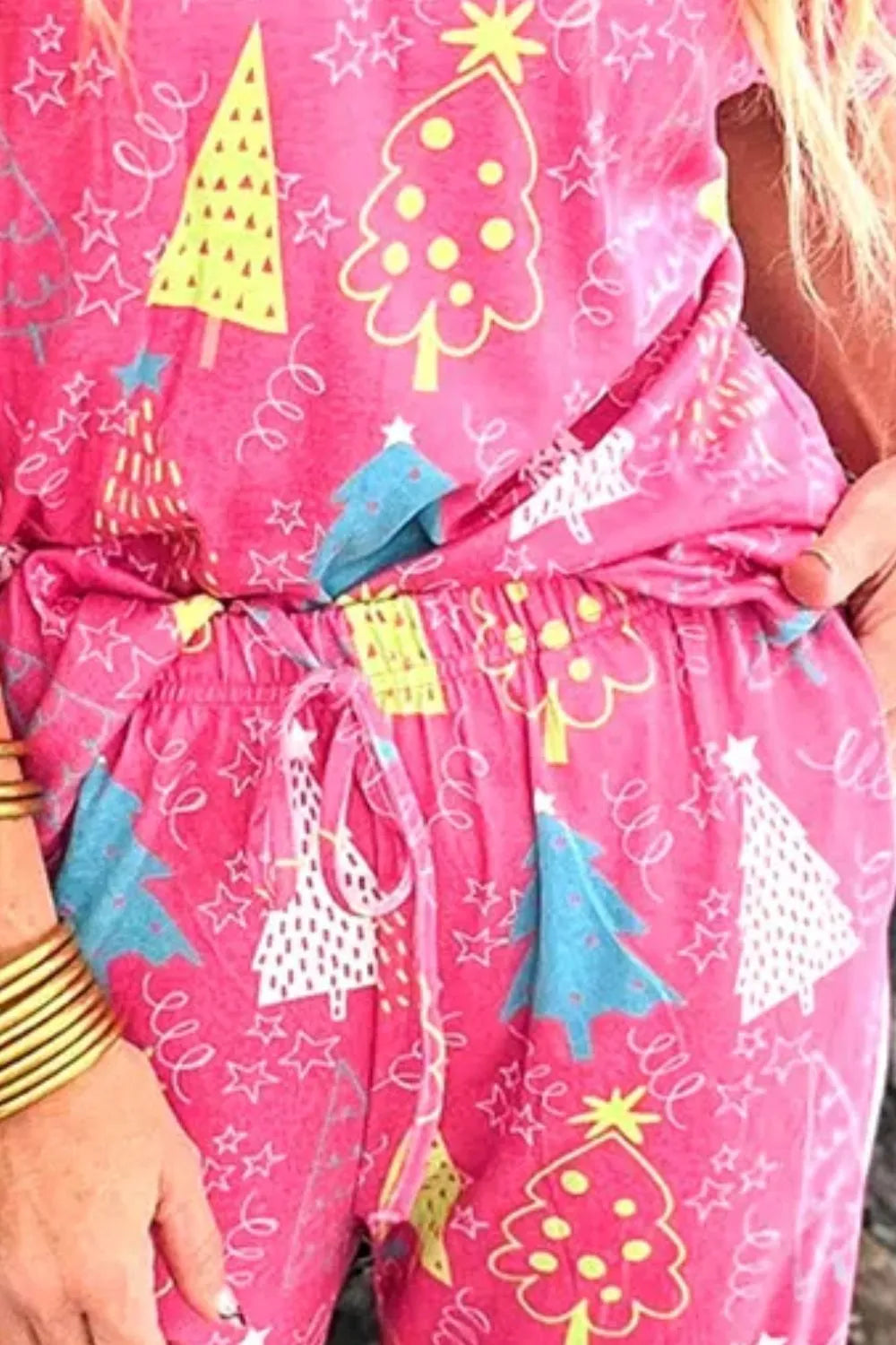 Printed V-Neck Short Sleeve Top and Pants Lounge Set - Ladyez