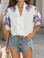 Floral Print Notched Puff Sleeve Blouse - Ladyez