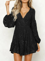 Lace V-Neck Long Sleeve Mini Dress - Ladyez