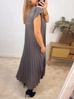 Full Size Pleated Round Neck Maxi Dress Plus Size - Ladyez