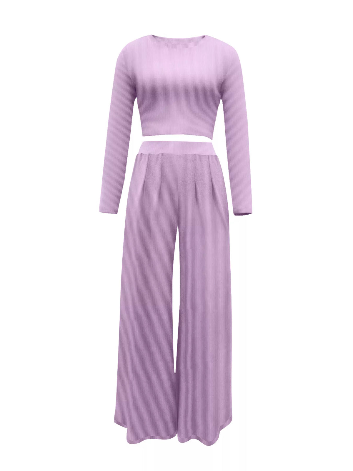 Casual Long Sleeve Crop Top and Wide Leg Pants Set