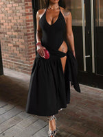 Halter Neck Ruched Bodysuit and Maxi Skirt Set