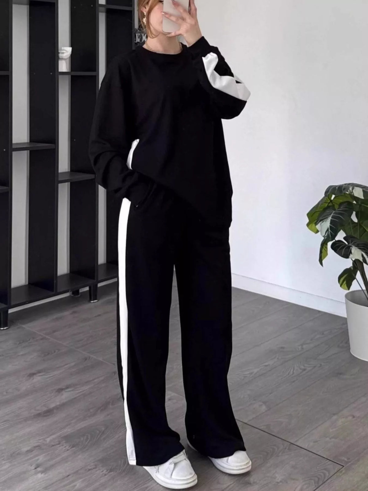 Full Size Contrast Round Neck Top and Pants Set Plus Size