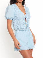 Lace Detail V-Neck Top and Shorts Set - Ladyez