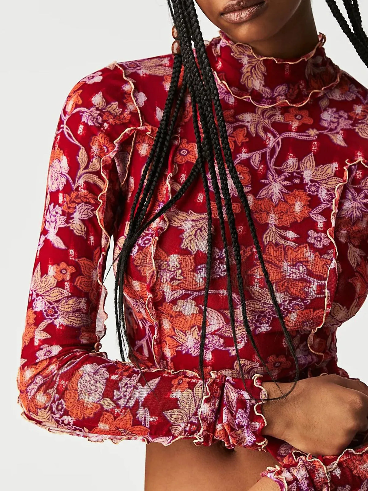 Floral Print Mock Neck Long Sleeve Top - Ladyez