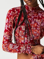Floral Print Mock Neck Long Sleeve Top - Ladyez