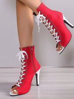 Canvas Lace-Up Peep Toe Stiletto Ankle Boots - Ladyez