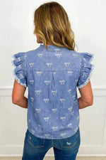 Frilled Collar Flutter Sleeve Denim Top