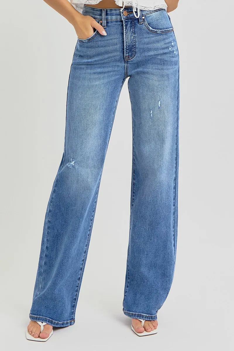 RISEN Full Size Tummy Control Elastic Band High Rise Wide Jeans Plus Size - Ladyez