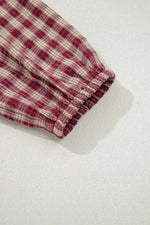 Country Plaid Long Sleeve Button Keyhole Pleated Loose Blouse