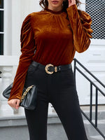 Velvet Mock Neck Long Sleeve Blouse
