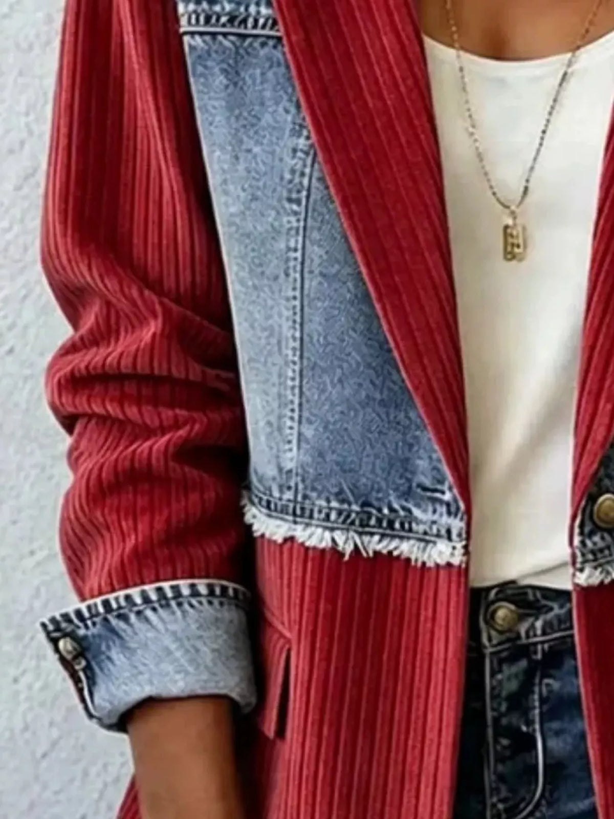 Full Size Patchwork Denim Ribbed Blazer Plus Size