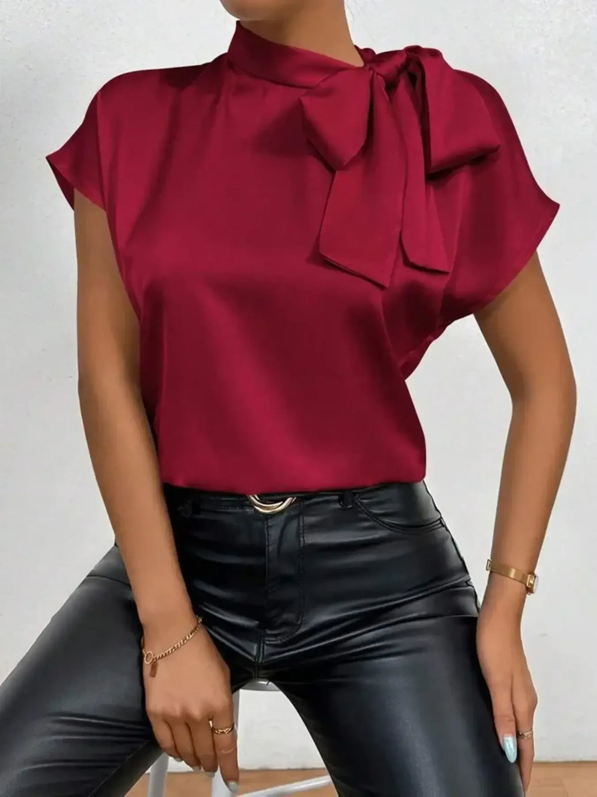 Satin Bow Tie Neck Blouse - Ladyez