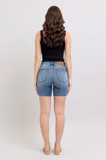 Judy Blue Button Fly Mid Length Denim Shorts W/ Destroy - Ladyez