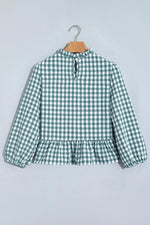 3/4 Sleeve Shirred Plaid Peplum Top