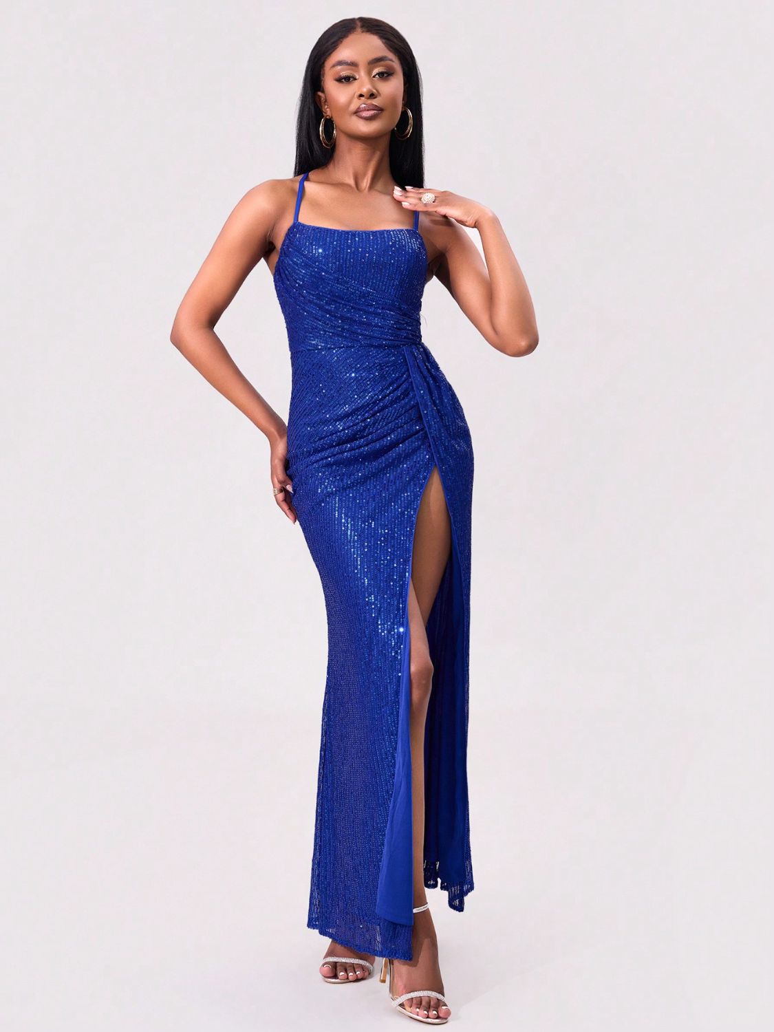 Slit Sequin Square Neck Spaghetti Strap Dress - Ladyez