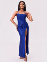 Slit Sequin Square Neck Spaghetti Strap Dress - Ladyez
