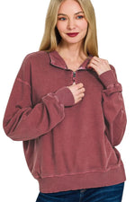 Zenana F/terry Pigment Dye & Enzyme Washing Half Zip Top