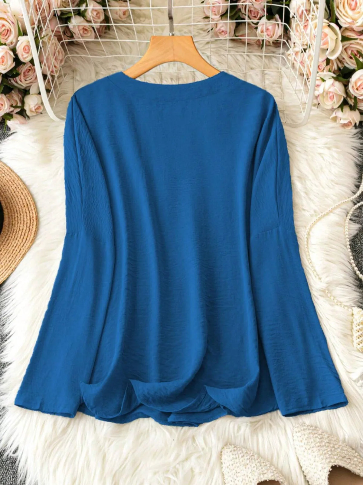 Notched Long Sleeve Casual Blouse - Ladyez