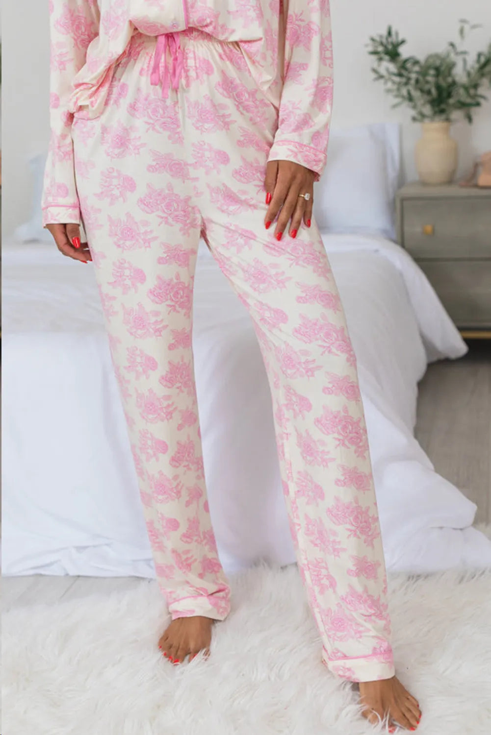 Printed Button Up Long Sleeve Top and Pants Lounge Set - Ladyez