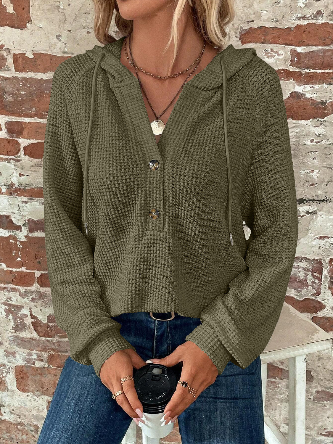 Waffle Knit Long Sleeve Drawstring Hooded Top - Ladyez