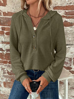 Waffle Knit Long Sleeve Drawstring Hooded Top - Ladyez