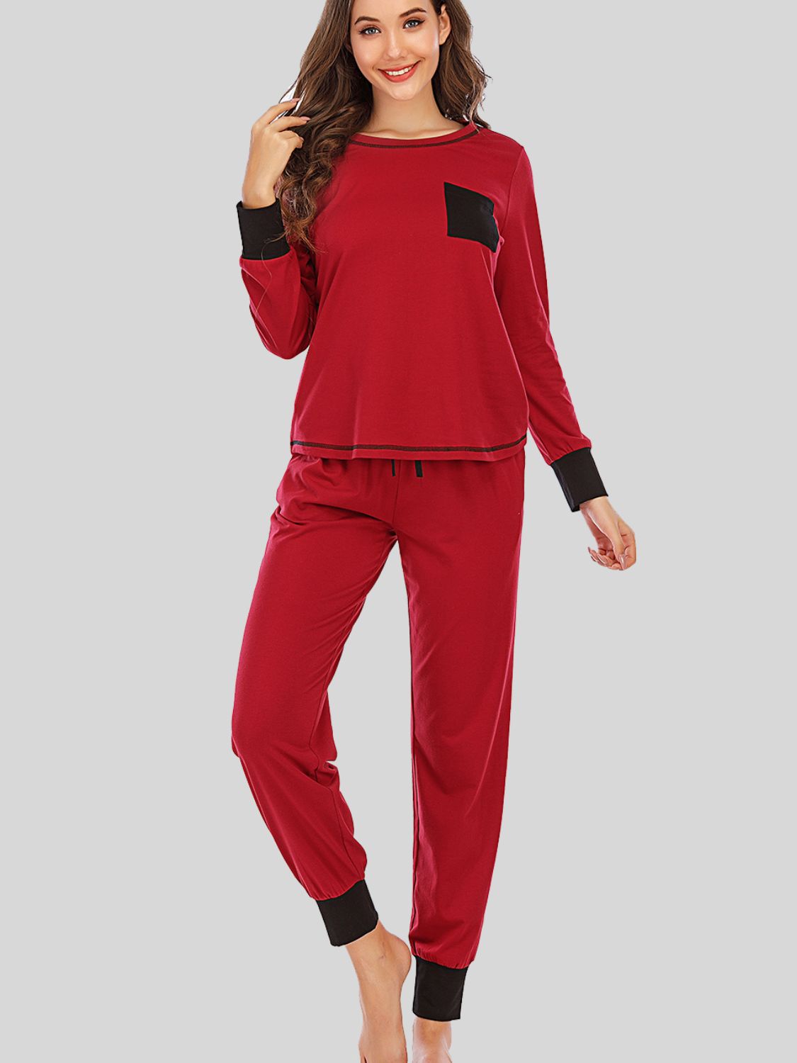 Round Neck Top and Pants Lounge Set - Ladyez